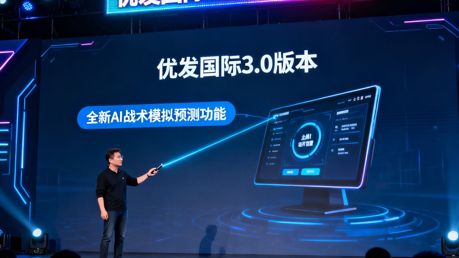 优发国际3.0版本产品发布会现场，CEO张明远在舞台上展示全新AI战术模拟预测功能