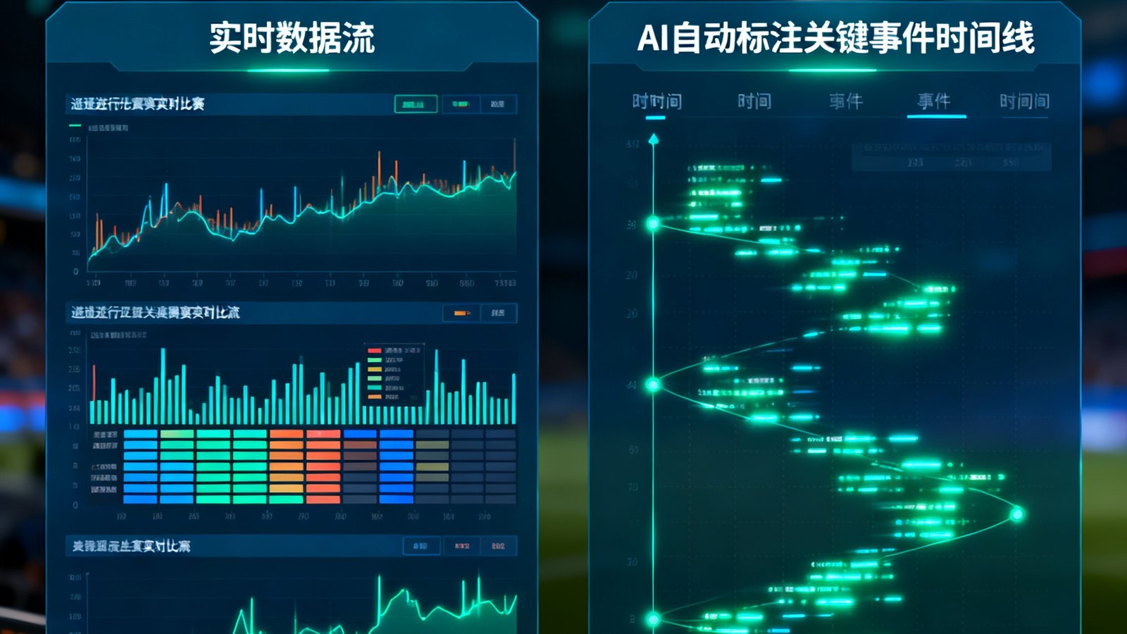 随优而动一触即发实时推理引擎监控面板，展示正在进行比赛的实时数据流与AI自动标注的关键事件时间线